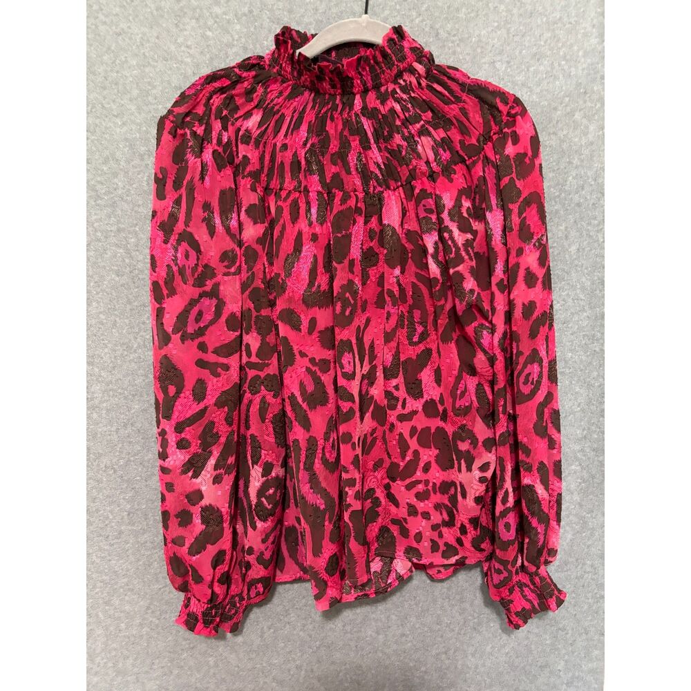 Ferache Pink Leopard Print Blouse M Smocked Neck Sheer Y2K Bold Statement Top